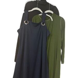 Chic Ribbed Dress Set  of 3 with Ring Accents black green navy